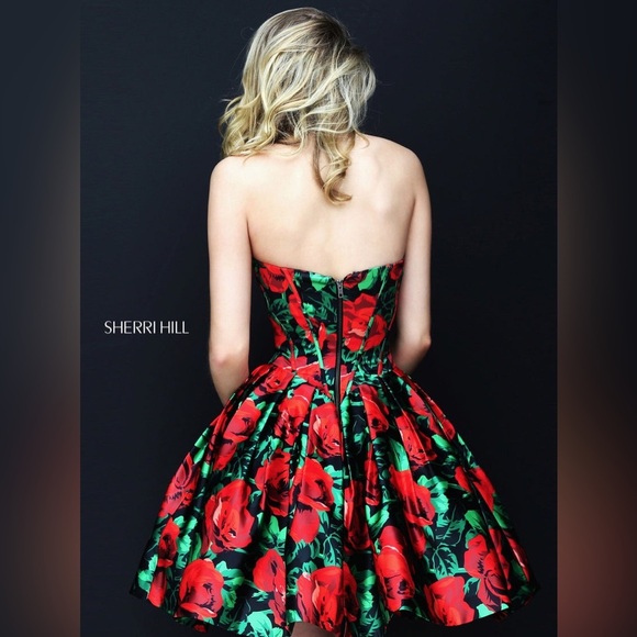 SHERRI HILL Red Floral Dress Mini Strapless Prom Pageant Size 0 Roses Full XS - Picture 2 of 12
